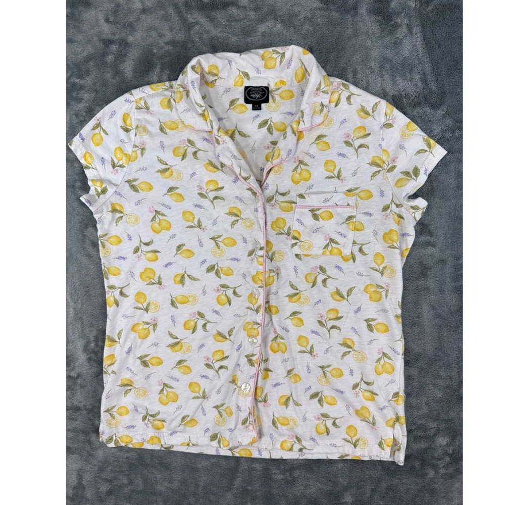 Laura Ashley Womens Lemon Lavender Print Pajama Top Short Sleeve Button Up M